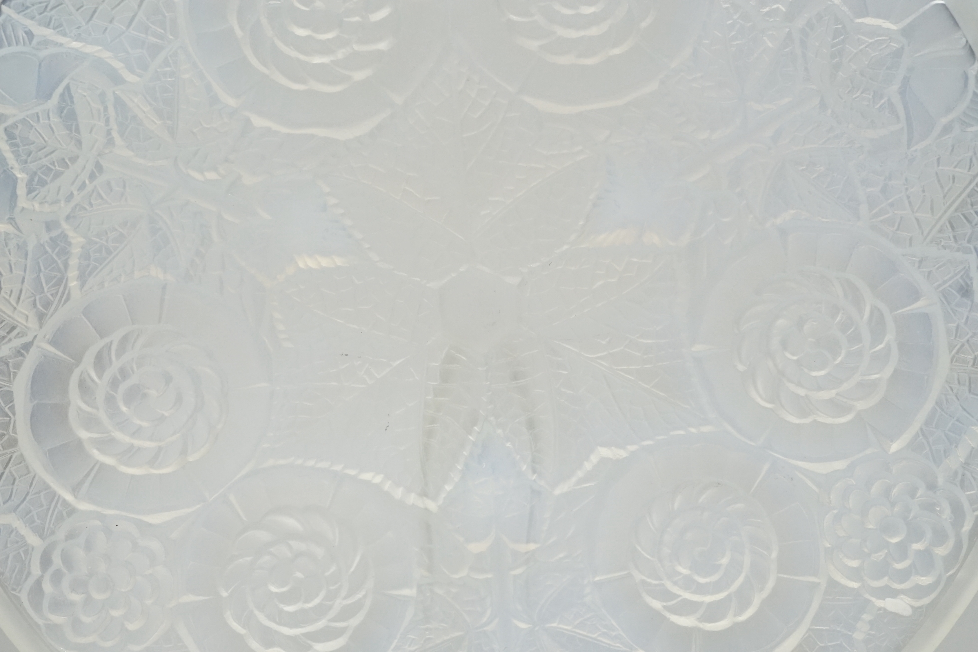 A French Lalique style opalescent glass dish, 32cm